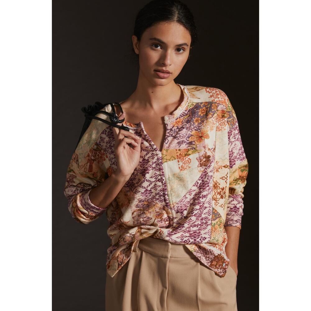 Anthropologie Pilcro L Patchwork Split Neck Sweatshirt Floral Boho Casual